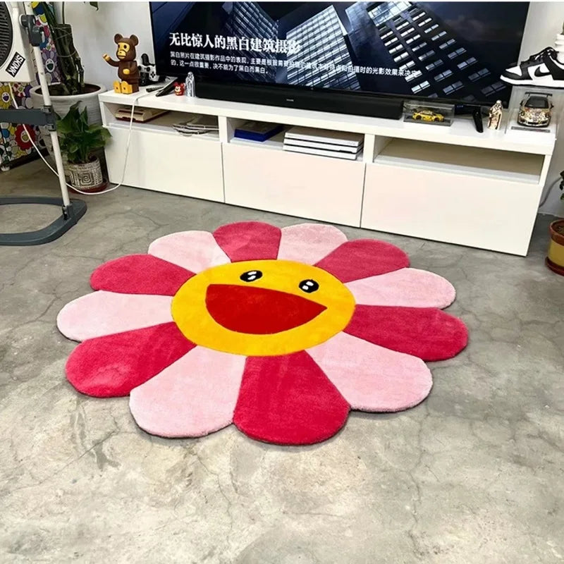 80cmX80cm Cartoon Smiley Round Carpet Soft Plush Shaggy Sunflower Lounge Rug Anti-slip Coffee Table Rug Gaming Chair Mat Home Decor