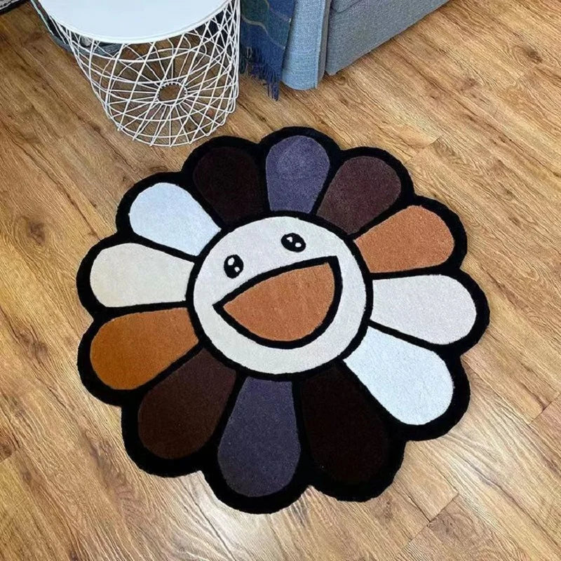 80cmX80cm Cartoon Smiley Round Carpet Soft Plush Shaggy Sunflower Lounge Rug Anti-slip Coffee Table Rug Gaming Chair Mat Home Decor