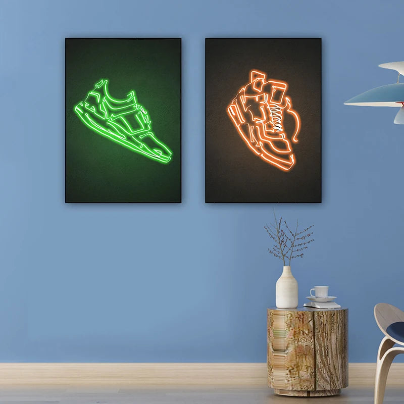 Neon Sign Sneaker Shoes Poster and Print Canvas Paintings Wall Art Fashion Sport Shoes Pictures for Boy's Room Home Decor No LED