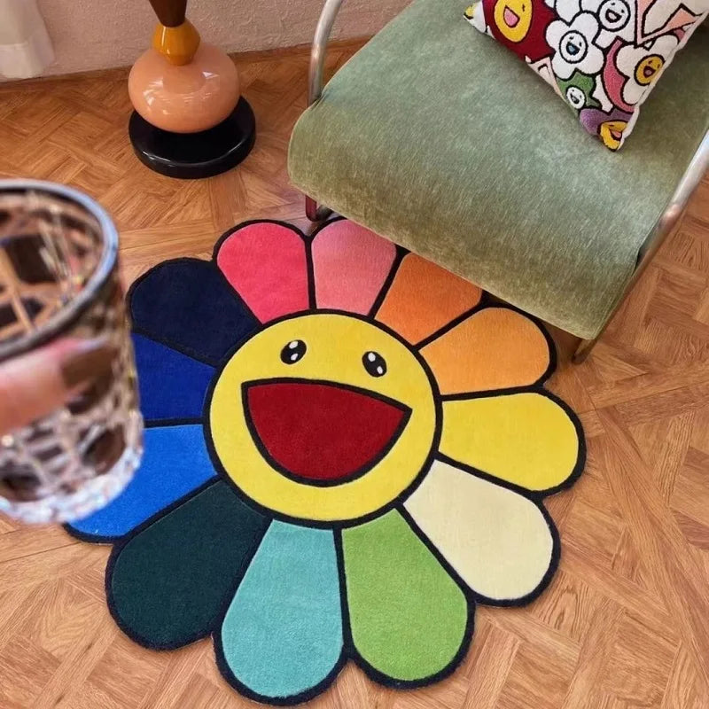 80cmX80cm Cartoon Smiley Round Carpet Soft Plush Shaggy Sunflower Lounge Rug Anti-slip Coffee Table Rug Gaming Chair Mat Home Decor