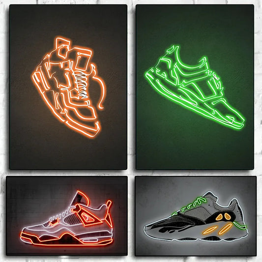 Neon Sign Sneaker Shoes Poster and Print Canvas Paintings Wall Art Fashion Sport Shoes Pictures for Boy's Room Home Decor No LED