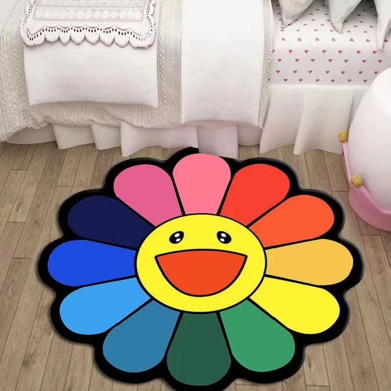 80cmX80cm Cartoon Smiley Round Carpet Soft Plush Shaggy Sunflower Lounge Rug Anti-slip Coffee Table Rug Gaming Chair Mat Home Decor