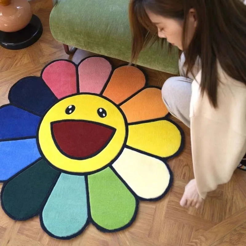 80cmX80cm Cartoon Smiley Round Carpet Soft Plush Shaggy Sunflower Lounge Rug Anti-slip Coffee Table Rug Gaming Chair Mat Home Decor